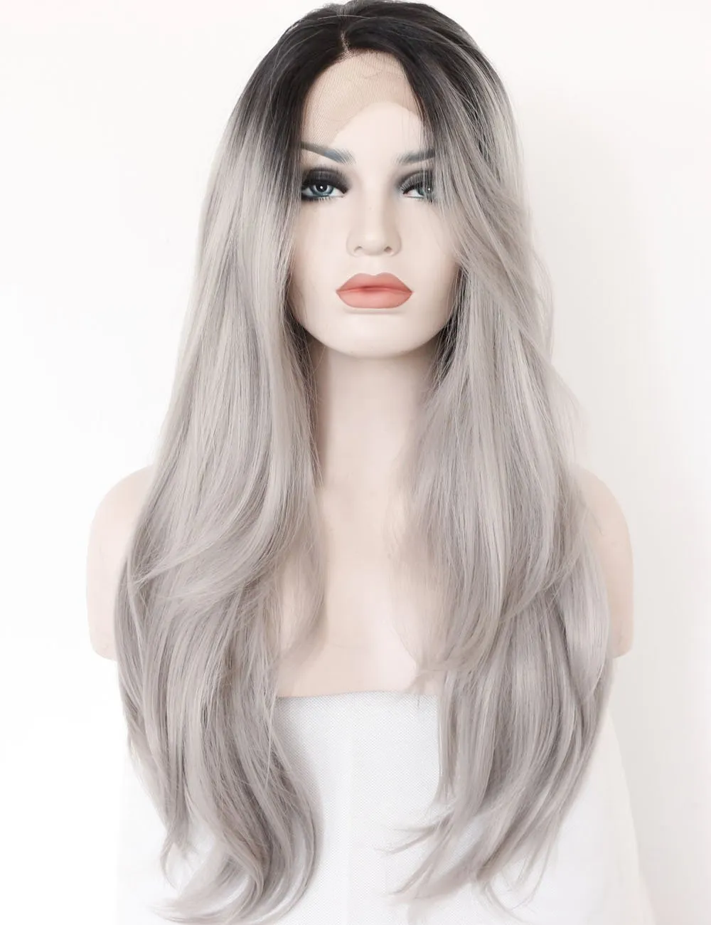Ombre grå 2 toner syntetisk spets fram peruk mörka rötter långa naturliga raka silver grå ersättnings hår peruker för kvinnor värmebeständig fose