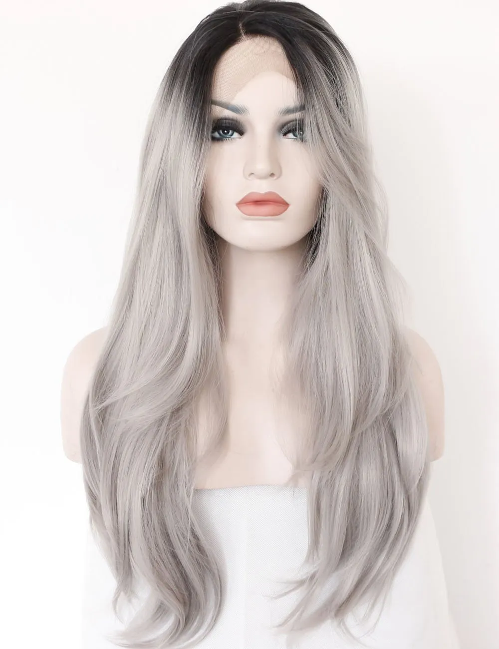 Ombre Gray 2 Two Tone Synthetic Lace Front Wig With Dark Roots