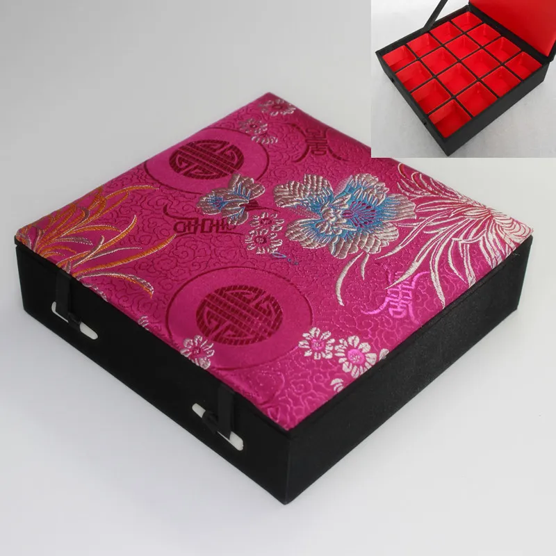 Boutique 16 Siatka Silk Brocade Box Drewniane Multi Slot Biżuteria Przechowywania Case Kolczyki Pierścienie Wisiorek Pudełka Opakowania Prezenty