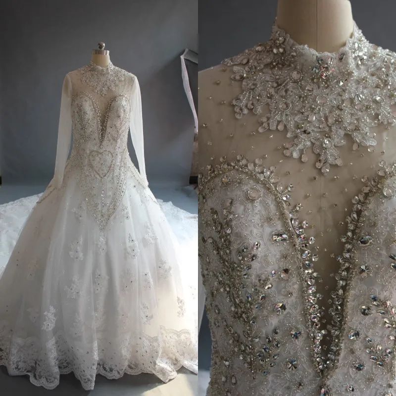 Modesta immagine reale collo alto lusso abiti da sposa perline cristalli perline appliques in pizzo illusione maniche lunghe abiti da sposa con il treno