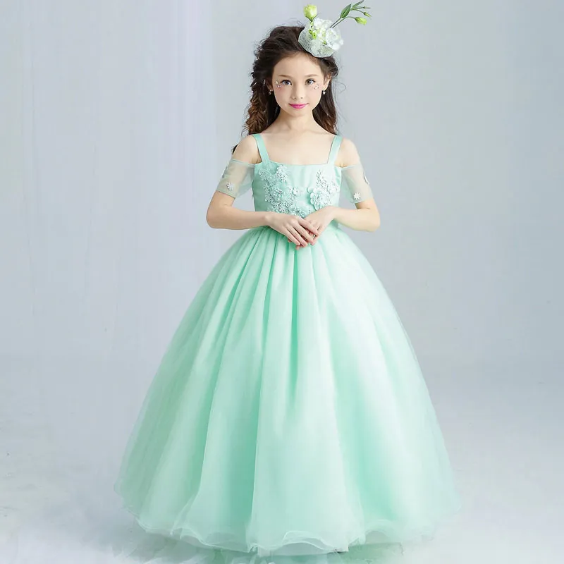 Mint Green Elegant Tulle кружева цветок девушка свадебное платье длиной лодыжки Applices Bead детская вечеринка выпускной платья первые причастие платья