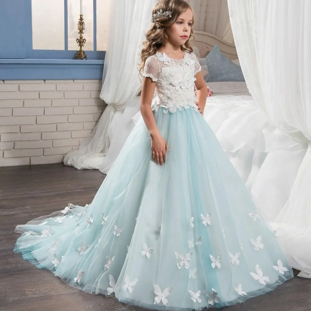 Robes de fille de fleur en dentelle Glitz avec manches courtes Appliques de papillon Graduation Girls Pageant Robe Sheer Back Boutons Robes de mariée pour enfants