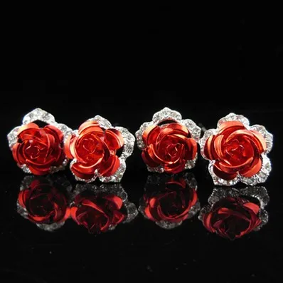 Fashion Bridal Hair Accessories Silver Plated Metal U Pins Red Rose Party Head Pieces Bridal Hair Pieces