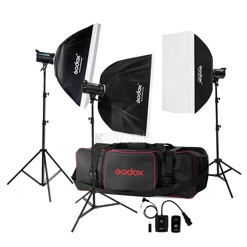 Godox DE300 3PCS 300W 900WS Photo Photo Flash Light Kit Softbox Light Stand Stand Torba Photography Strobe Zestaw oświetlenia