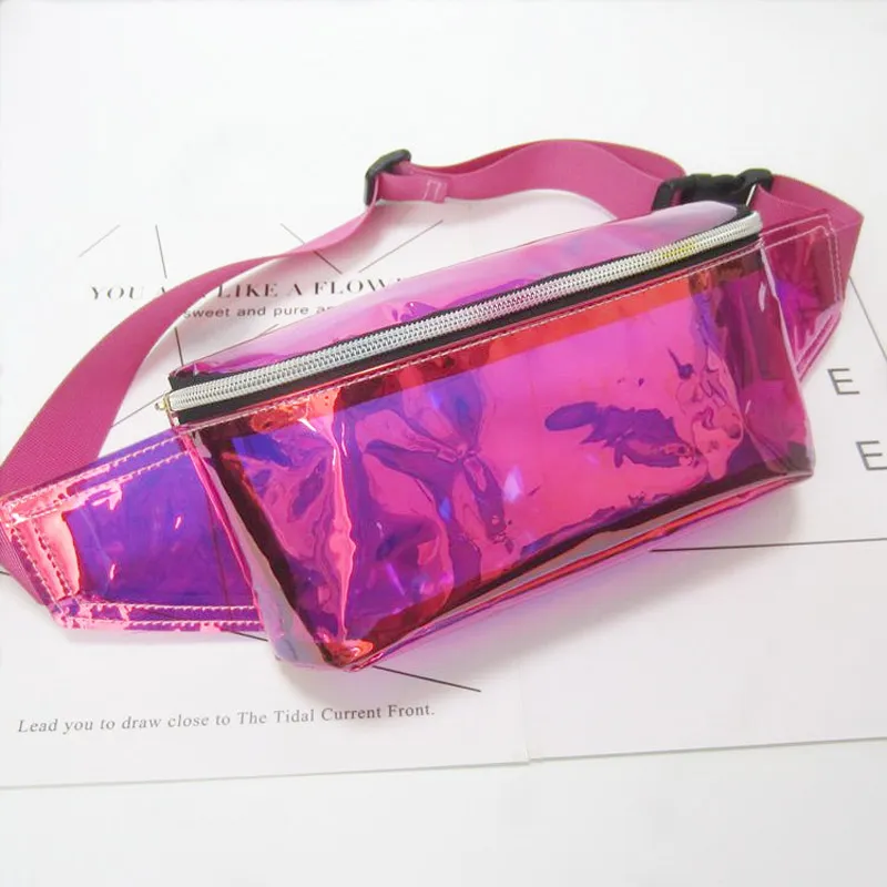 50pcs حقيبة الخصر Women PVC COLL CLAY FANNY CHEST PACK FACKLE FESTIVAL HOLOCHOLGRAM BEACH BAG بحجم 10 بوصات