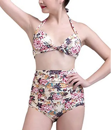 Peony Flower Swimwear Retro 50s Print Floral Halter Two-Piece High Waist Push Up Bikini Vintage Carnival Swimsuit
