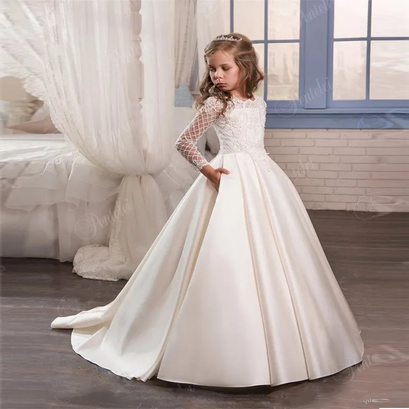 2017 First Communion Dresses Long Sleeve Lace Flower Girl Dresses for  Wedding, Holy Communion Dresses, Pageant Gowns for Girls