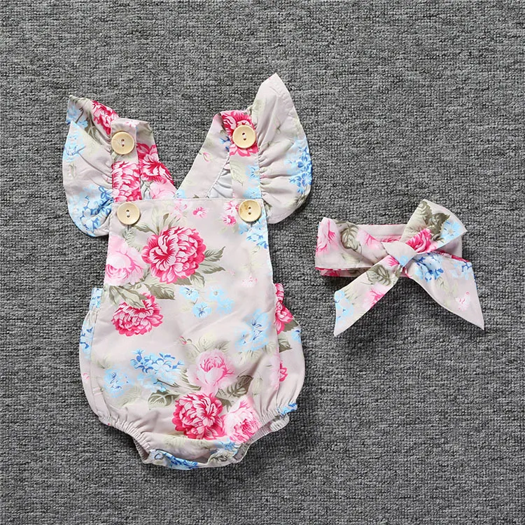 Baby Girl Floral Rompers Bodysuit med huvudband Ruffles Sleeve Set Knappar Sommar Ins Romper Passar 6 stilar