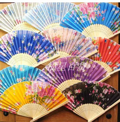 7" Cheap Folding Silk Cloth Fan Wedding Party Favor Crafts Adult Women Floral Hand Fans 20 pcs/lot Free shipping