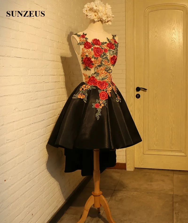 red and black high low prom dress Black Red A-line Two Piece Satin V-neck Sweetheart Asymmetrical Prom Dress,  MP124
