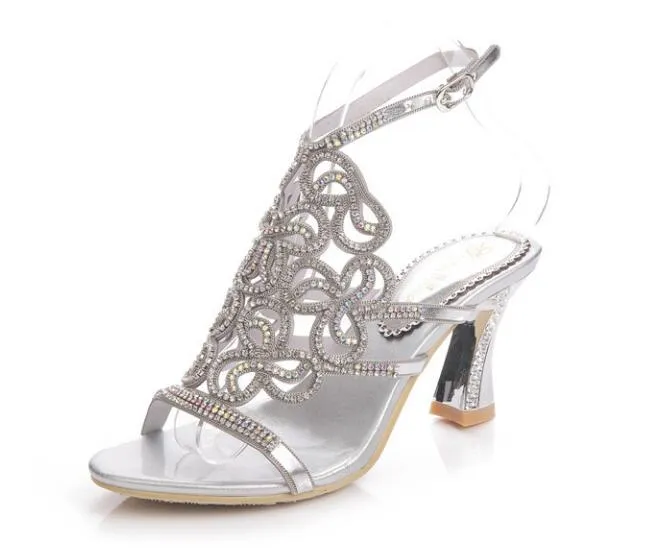 Fashion New Rhinestone Sandals Crystal High Heel Shoes Wedding Shoes Black Silver Gold Strappy Heels Sandales Femme 8cm