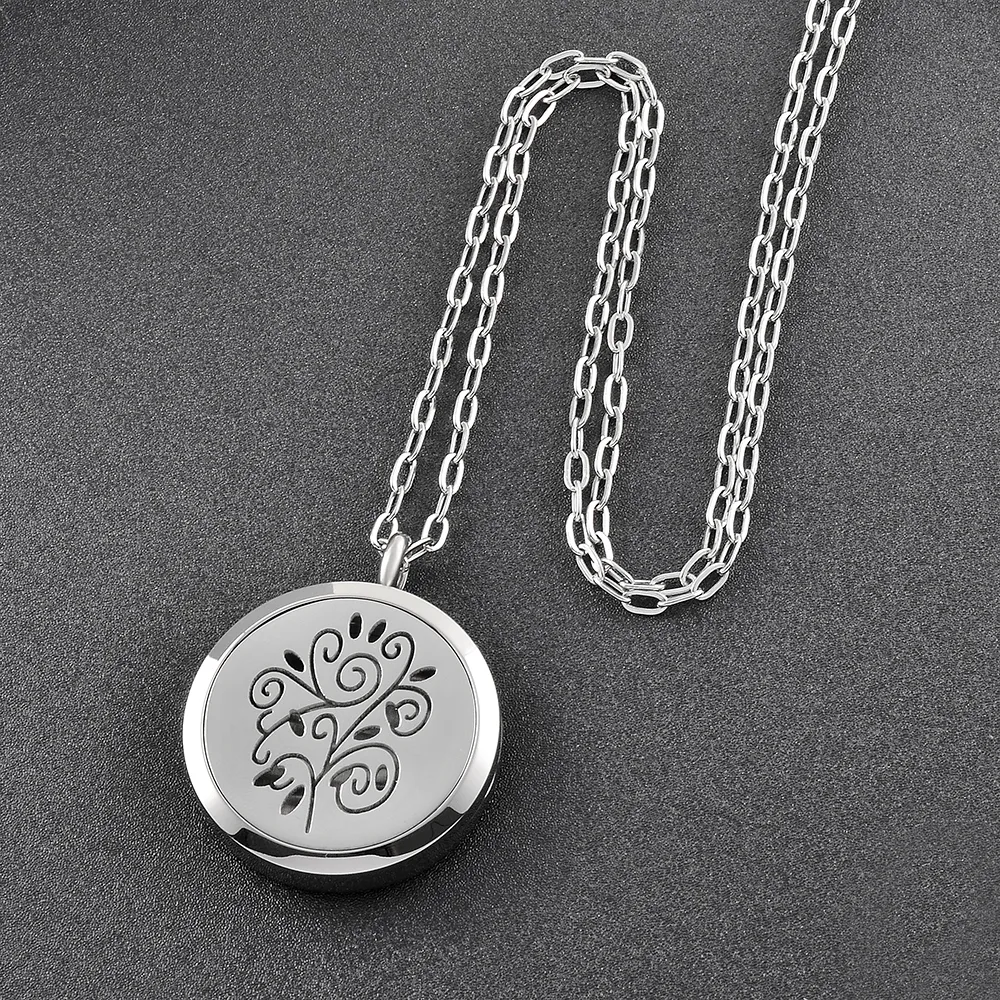 ijp0127 Plant Pattern Engrave Round Locket Stainless Steel Necklace Women Perfume Diffuser Locket with Free Pads Gift for Friend