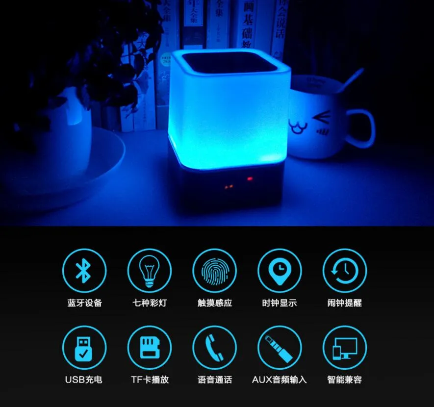 Luz da noite Luz Bluetooth Portátil Lâmpada de mesa sem fio portátil com microfone Toque inteligente LED Humor Lamp Relógio Rádio TF Cartão