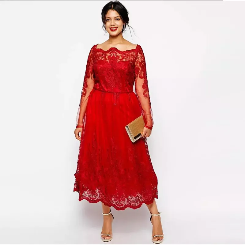 Red Plus Size A-Linie formale Abend-Kleider mit langen Ärmeln SpitzeApplique Tee-Längen-Abend-Kleider für besondere Anlässe Abendkleid