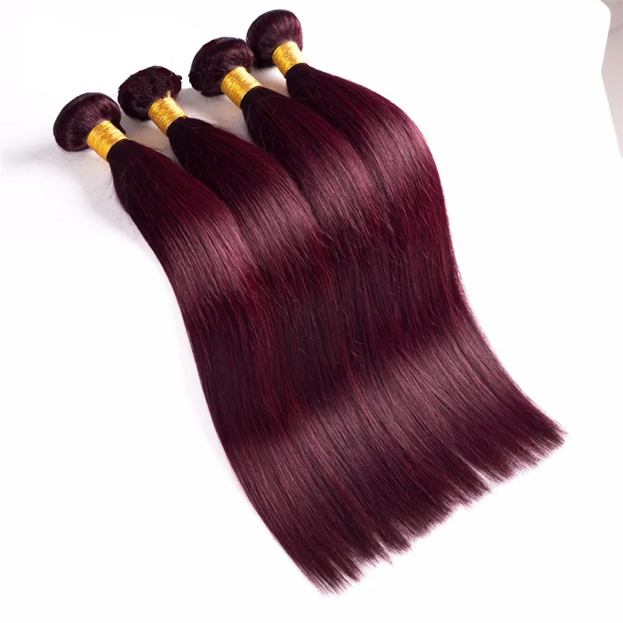 Горячие продажи # 99j вино красный прямые волосы Weve с 13 * 4 кружева фронтальной закрытия отбеленные узлы с волосами ребенка чистый цвет #99j человеческих волос