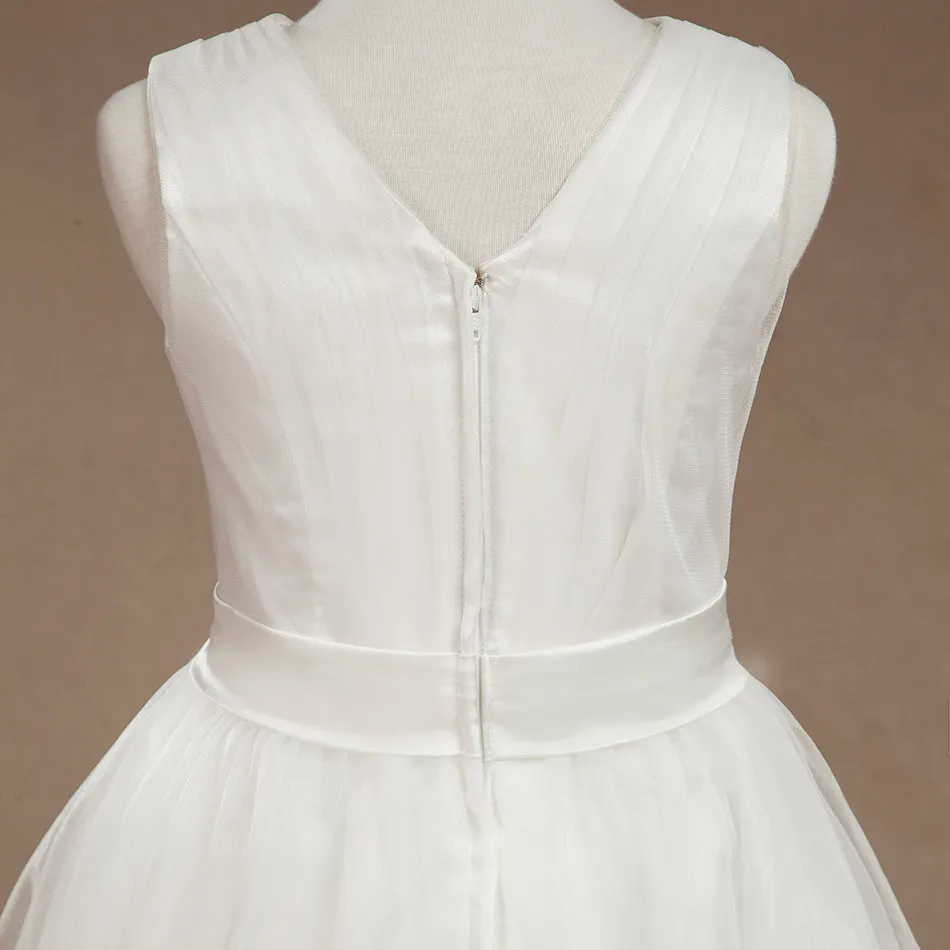 Belle robe blanche de fille de fleur tulle v-cou junior robe une ligne de fleurs bretelles robe avec ceinture