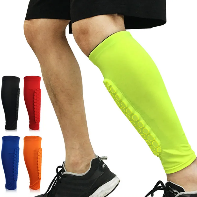 Partihandel-1pcs Fotboll Shin Guards Protector Soccer Honeycomb Anti-Crash Leg Calf Compression Sleeves Cykling Running Shinguites 5 Färger