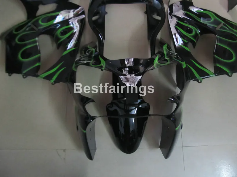 Gratis 7 gåvor Fairing Kit för Kawasaki Ninja ZX9R 2000 2001 Gröna Flammor Svart Motorcykel Fairings Set ZX9R 00 01 PJ24