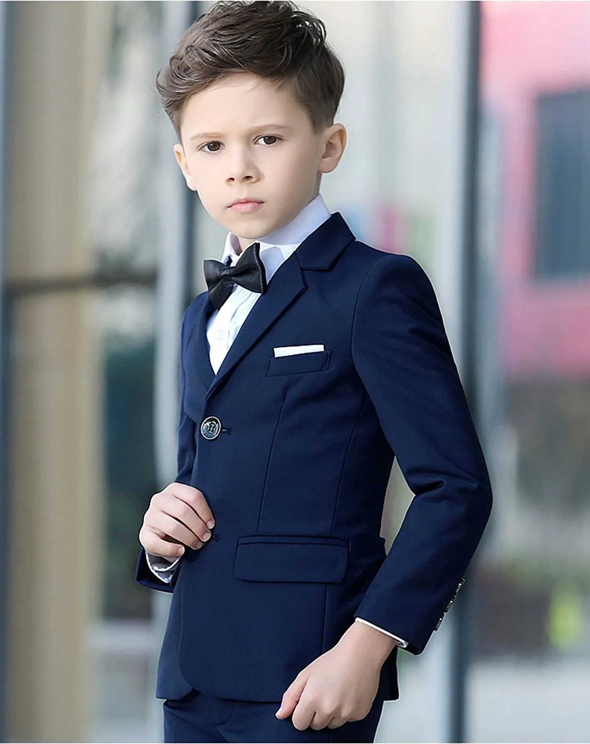 Traje azul marino de 2 piezas para niños, traje Formal a medida, traje de boda ajustado para niño chaqueta + pantalones