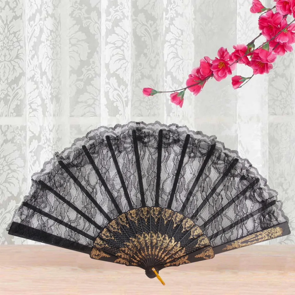 Vintage Fancy Dress Costume Chinese Costume Party Wedding Dancing Folding Lace Hand Fan black5530423