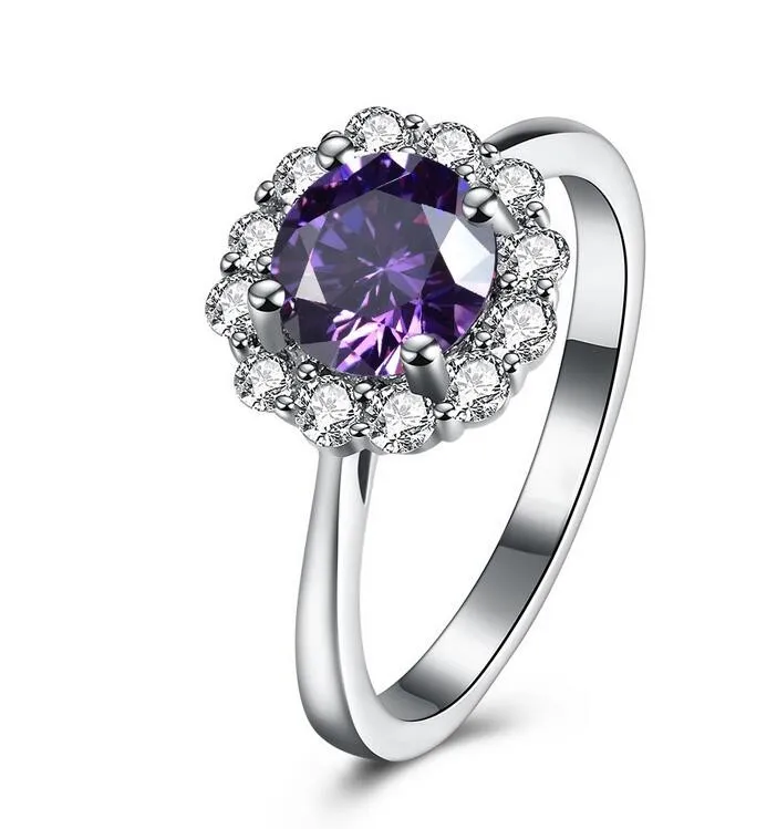 Wholesale Fashion Jewelry 18K White Gold Filled Solitaire Multistone CZ Diamond Amethyst Ruby Women Wedding Band Finger Ring for Lover Gif