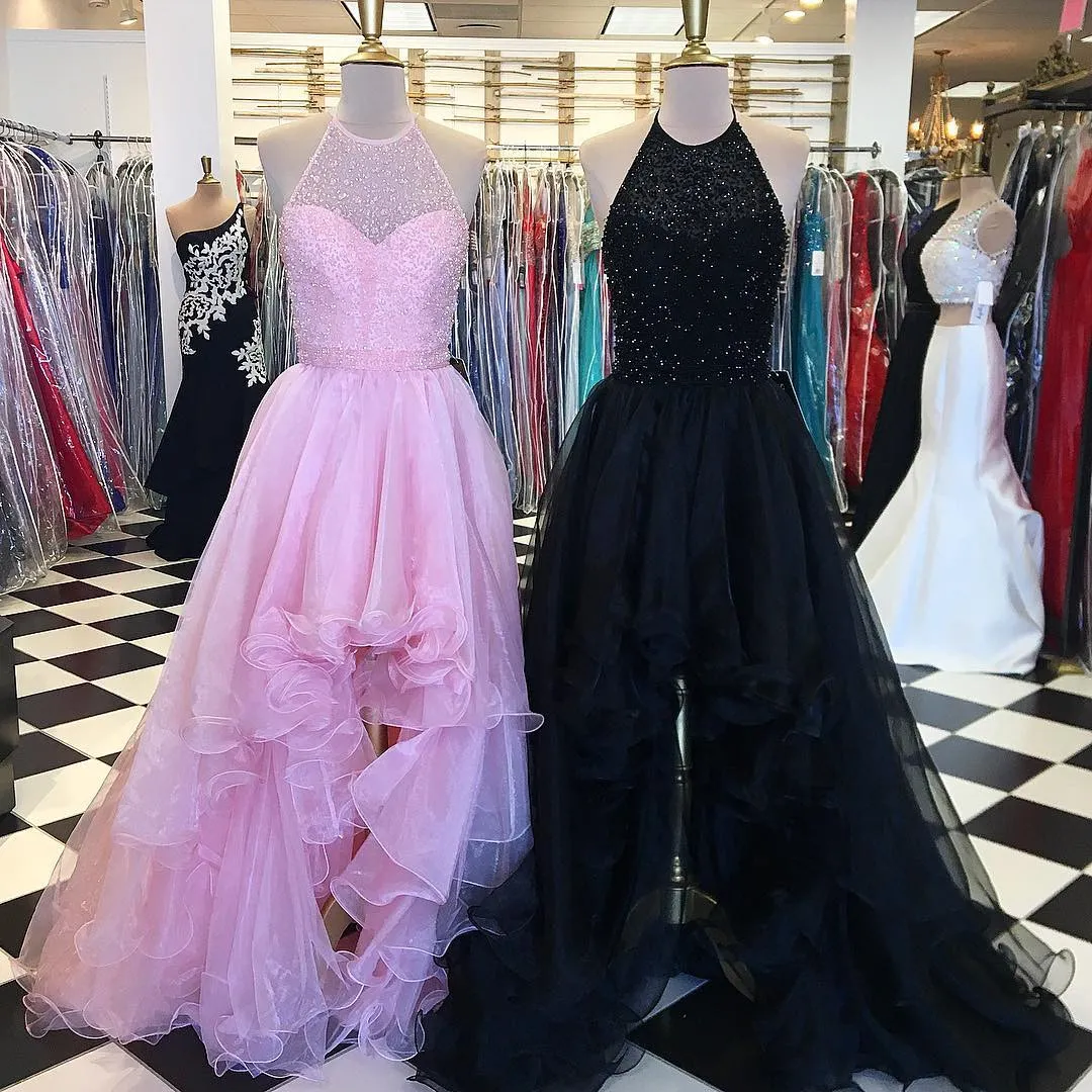 2022 vraie photo rose noir licou robe de bal haut bas pas cher dos ouvert perlé cristal une ligne organza soirée robes de soirée pageant robe de soirée