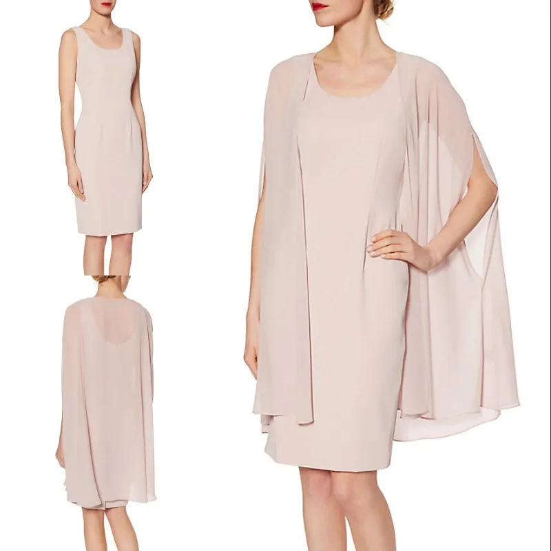 Blush Knee Length Chiffon Mother Of The Bride Dresses Elegant Formal Evening Wear Summer Groom Gowns Long Jacket Wedding Guest Dress