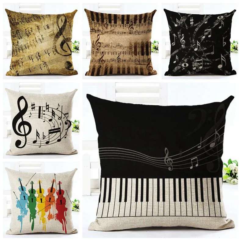 Musik Notes Kuddehölje Vintage Linne Kasta Kudde Gitarrkapaca Almofadas Vintage Piano Cojines Shabby Chic Home Decor