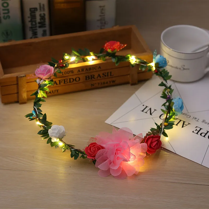 Mode Kvinnor Led Rosor Blommor Huvudband Glödande Blinkande Light-Up Flower Hair Garland Wreath Party Bröllop Tillbehör ZA3497