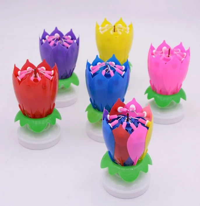 2 katmanlar Sihirli Müzik mum Doğum Günü Partisi Düğün Gökkuşağı Lotus Köpüklü Çiçek Mumlar hafif kek aksesuar Şenlikli Malzemeleri
