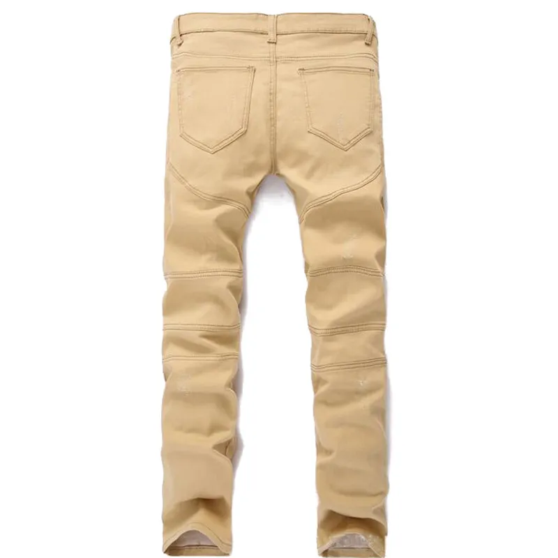 Tam-khaki erkek bisikletçisi kot pantolon moda marka tasarımcısı pileli moto kot pantolon erkek ışık yırtık ince fit düz denim joggers234c