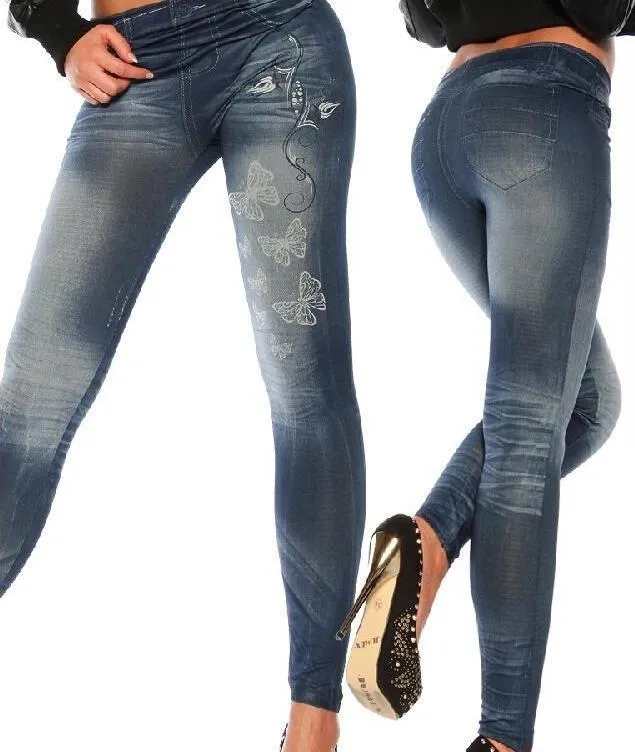 Mode Femmes Faux Denim Jeans Leggings Papillon imprimé Crayon Slim Peluche taille stretch Jeggings Sexy Lady Pantalon pantalon bleu noir