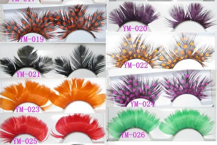 Faux cils de plumes colorées pour le maquillage de fête ou les cils de plumes de taches blanches maquiagem exagérées