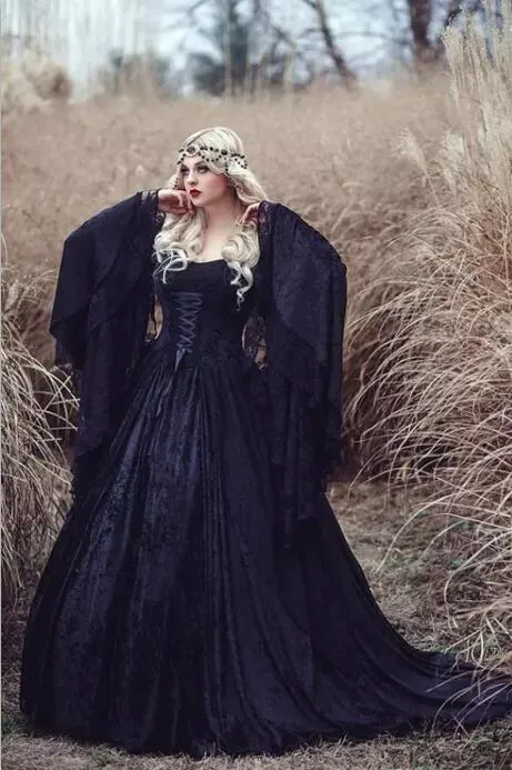 Retro 2018 Preto Gótico Vestidos de Casamento Fora Do Ombro A Linha Sino Longo Mangas Cheias de Renda Medieval Espartilho Vestidos de Noiva