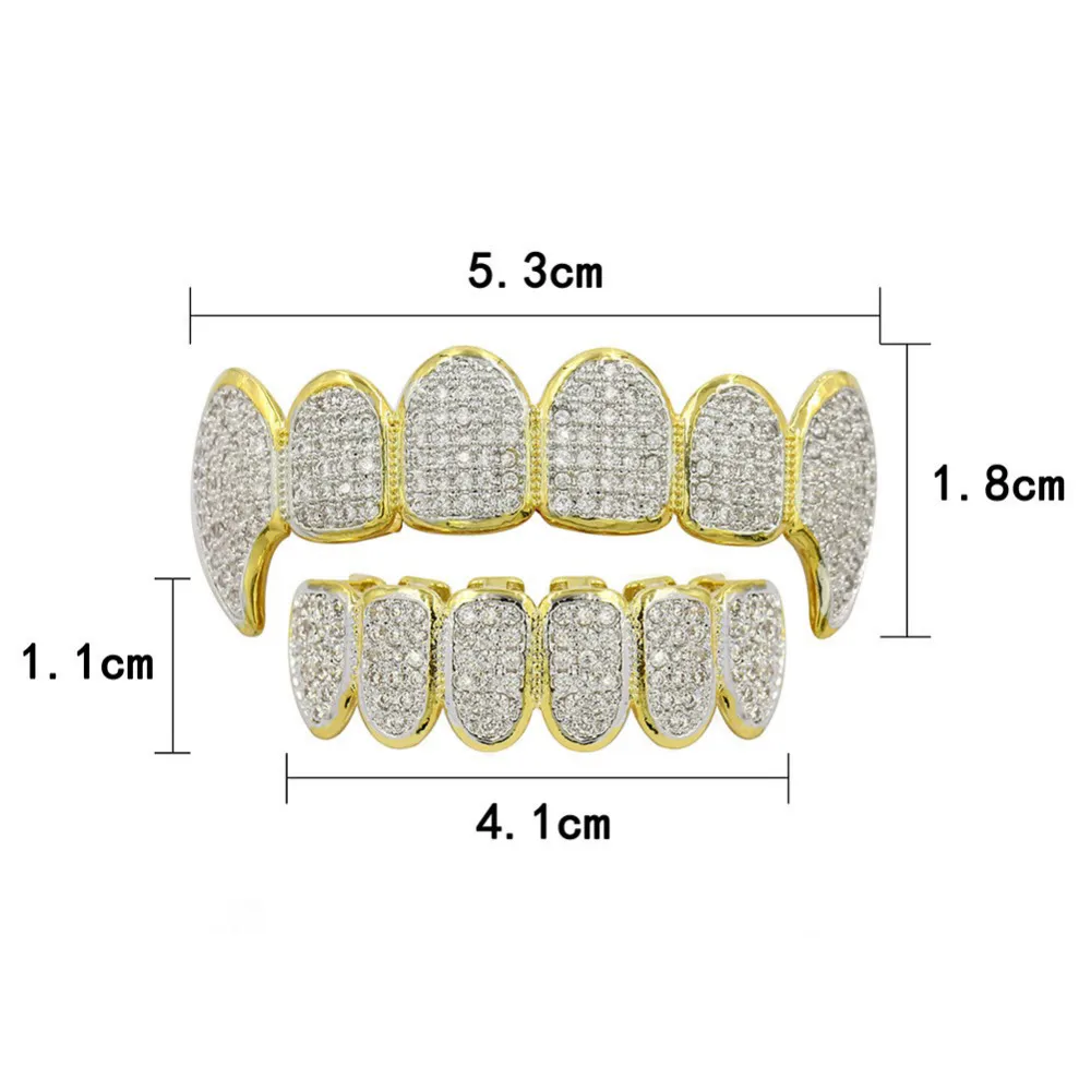 NEW Shining Hip Hop GRILLZ Iced Out CZ Fang Mouth Teeth Grillz Caps Top & Bottom Grill Set Men Women Vampire Grills289G