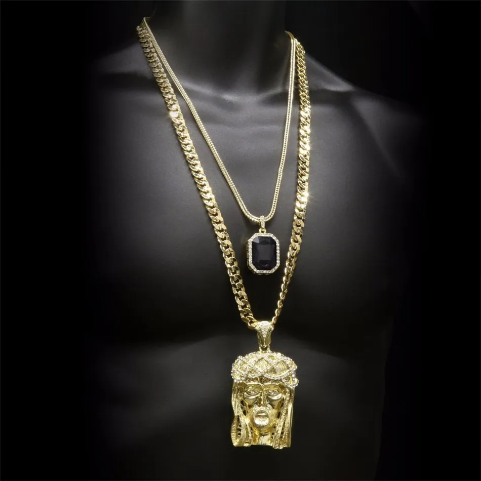 Hiphop Gouden Gekroonde Jezus Hoofd Hanger Iced Out Vierkante Edelsteen Kristallen Ketting Set Cubaanse chain287N