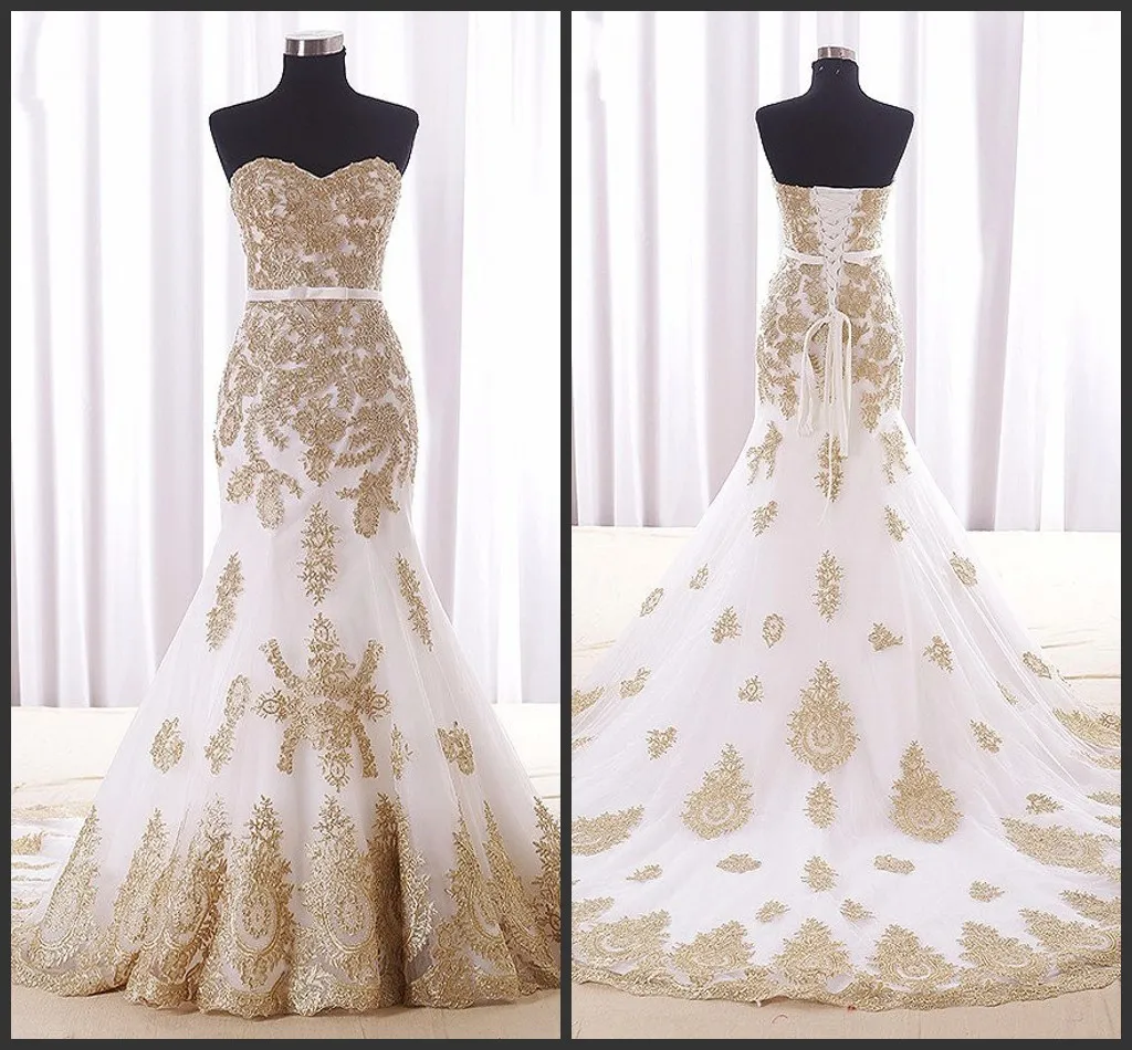 Chaple Train Elegant Wedding Gowns Golden Appliques Lace Wear Long Dress Sweetheart Neck Lace Up Back Cheap Price High Quality Vintage