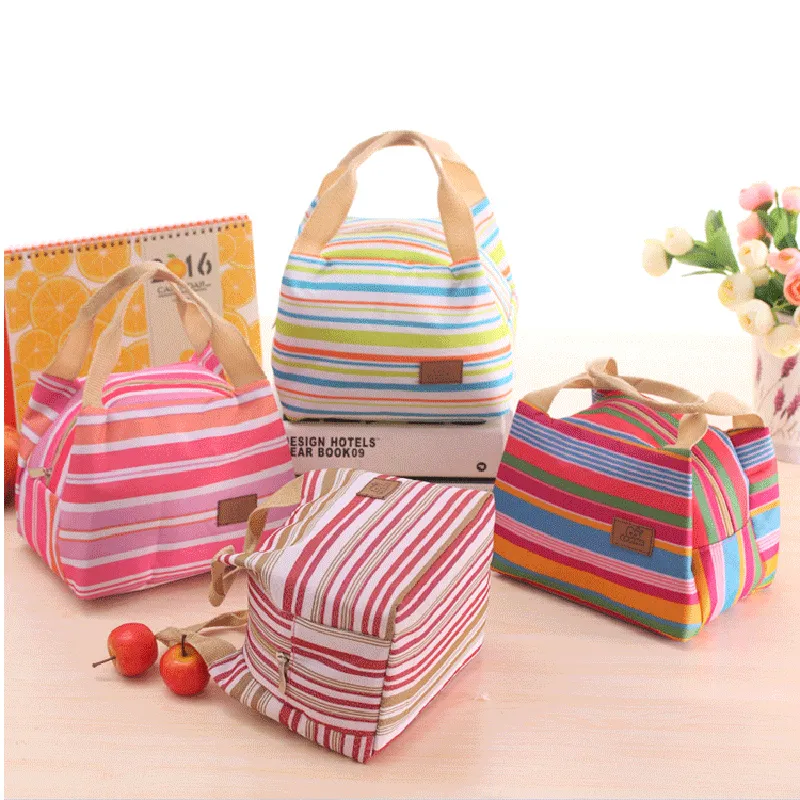 Ice Packs Thermal Insulated Portable Cool Canvas Stripe Carry Case picnic zipper lunch box 23*15*17cm