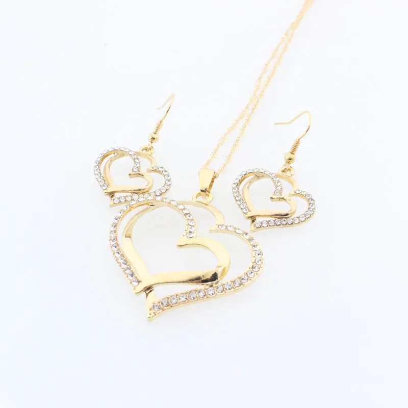 Luxus Hochzeit Halskette und Ohrring Set Fashion Gold Silber Kristall Charm Herz Schmuck