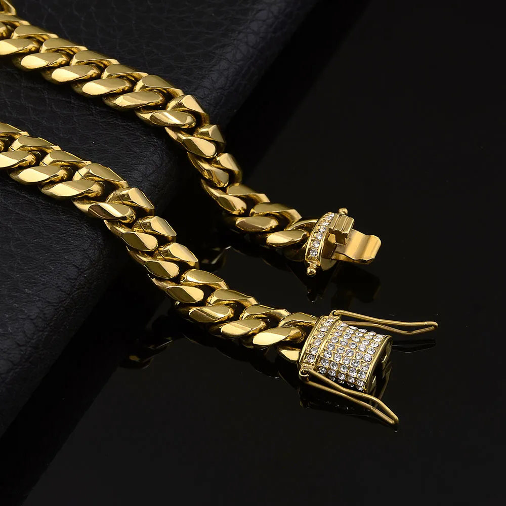 Aço inoxidável 18K ouro maciço galvanizado fecho de fundição diamante CUBAN LINK colar pulseira para homens freio correntes jóias 8 5quo284B