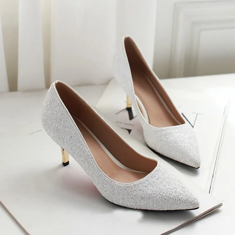 Spring Pointed Toe Women Shoes Comfortable Middle Heel White Glitter Sequined Cloth Wedding Party Shoes Bridal Pumps Plus Size