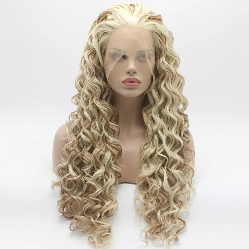 Iwona Hair Curly Long White Blonde Auburn Mix Wig 18#1001/613/30 Half Hand Tied Heat Resistant Synthetic Lace Front Wig