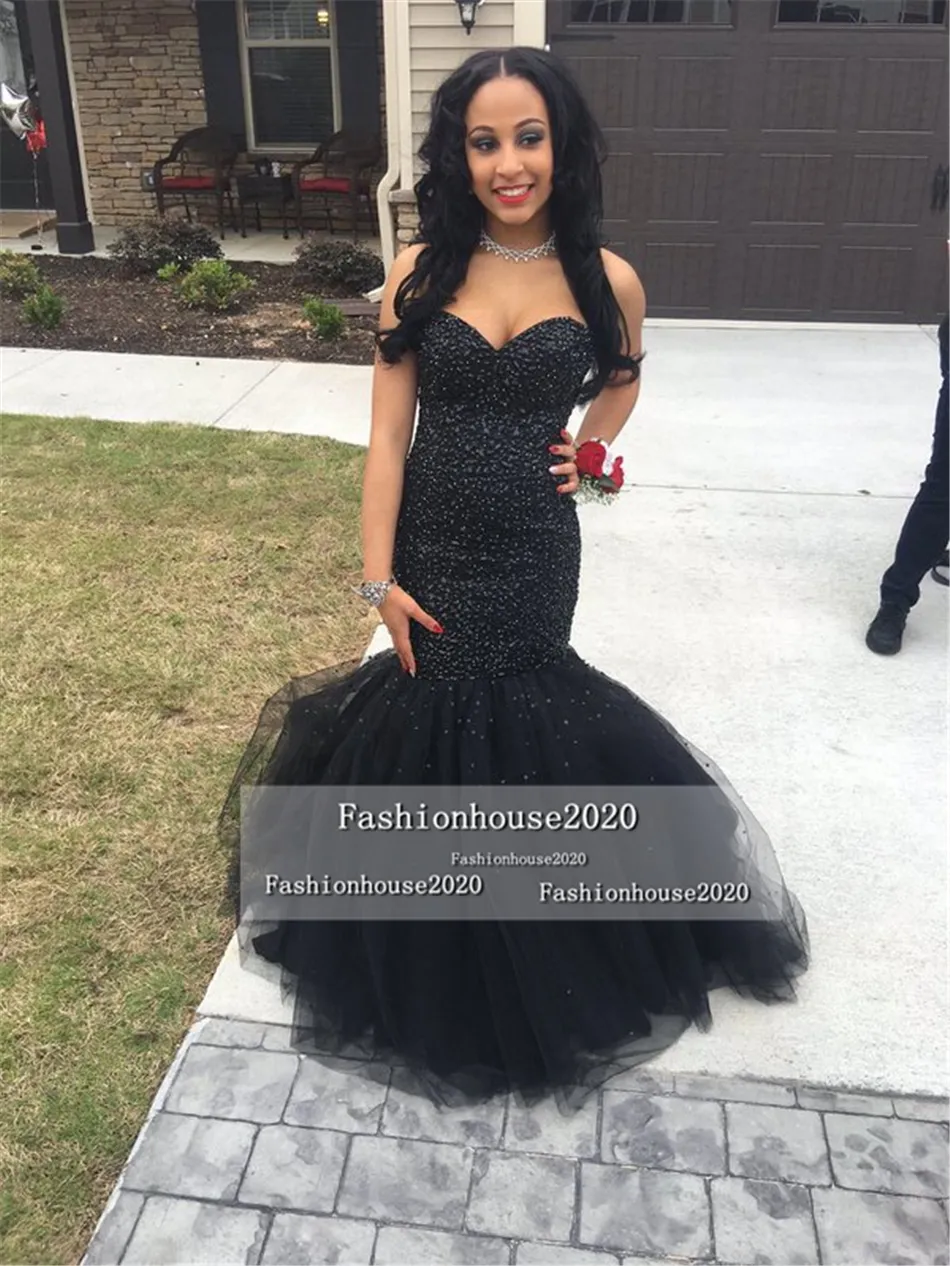 2020 Sexy Black African Mermaid Prom Dresses Sweetheart Beaded Tulle Open Back Cheap Long Formal Dress Evening Wear Plus Size Prom2931920