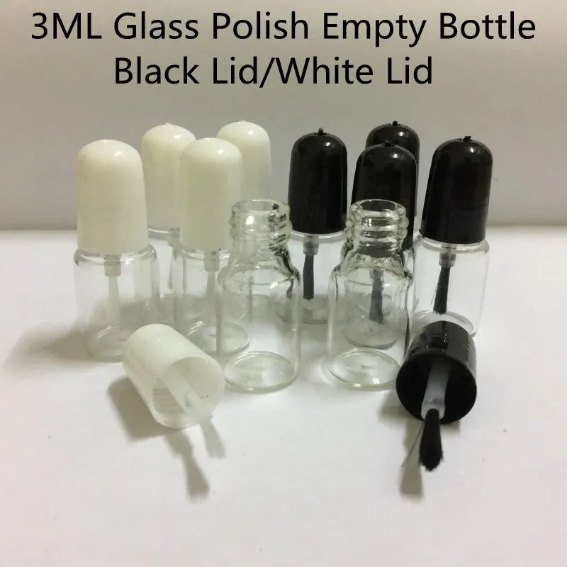 3 ml mini glas polsk tom flaska med pensel svart/vitt lock 16*42 mm rund klar kosmetisk kosmetisk nagellack prov containrar rör