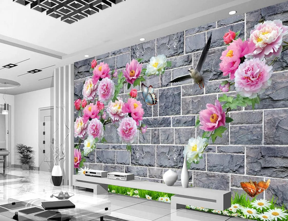 Peony Grid Wall TV Wall Decorative Painting muurschildering 3d behang 3d behang voor tv achtergrond