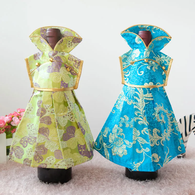 Dekorativt semesterbröllop Vinflaska täcker väskor kinesiska silke tyg julvinflaska kläder passar 750 ml 10 st/parti