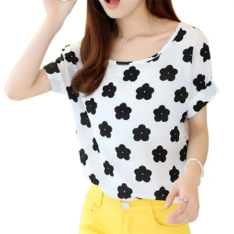 Wholesale- Women Chiffon T-shirts Female Clothing Tops Girls Loose Short Sleeve Striped Shirts New Sale