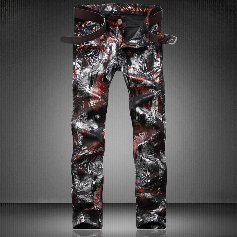 Hela mode män blommor tryckta jeans byxor smala fit hip hop målade denim joggers man klubb bär personlighet jeans byxor266l