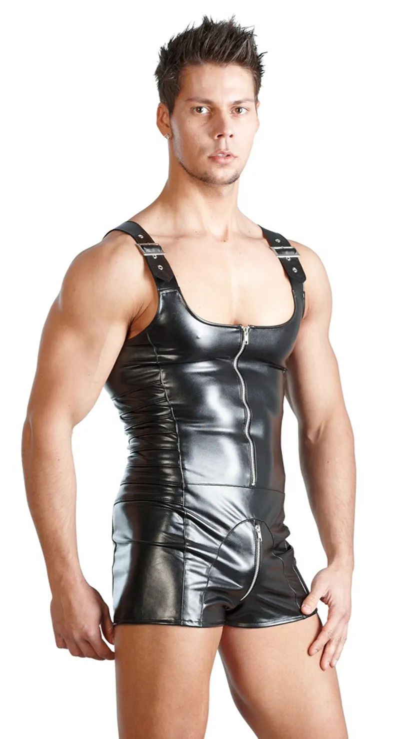 Punk män Clubwear Ärmlös Bodysuit Zipper Front Short Jumpsuit Male Faux Läder Underkläder Wrestling Singlet Leotard