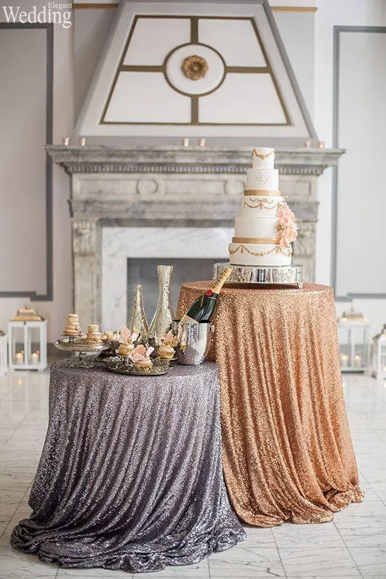 Toalhas de mesa de casamento Tamanho personalizado para sua mesa Toalhas de mesa brilhantes de lantejoulas Idéias de mesa de bolo de ouro e rosa Decorações de homegarden de festa de casamento